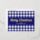 Gold Script Blue Gingham Merry kerst Folie Feestdagen Briefkaart (Voorkant / Achterkant)