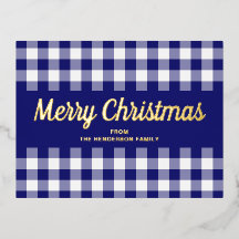 Gold Script Blue Gingham Merry kerst