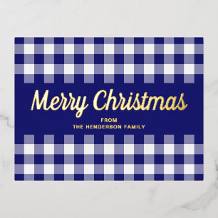 Gold Script Blue Gingham Merry kerst Folie Feestdagen Briefkaart