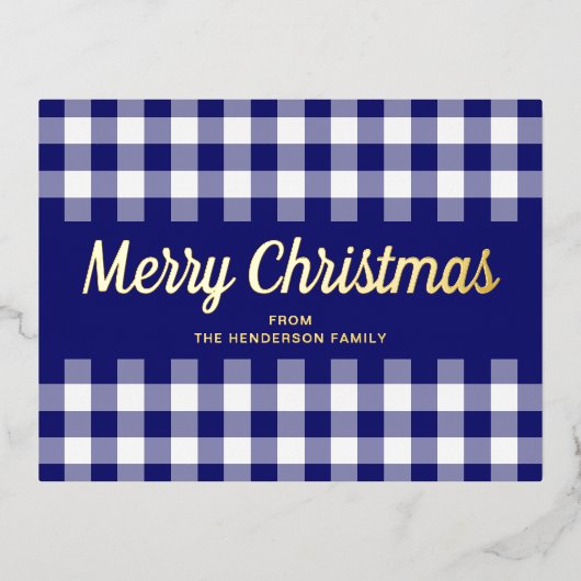 Gold Script Blue Gingham Merry kerst Folie Feestdagen Briefkaart (Voorkant)