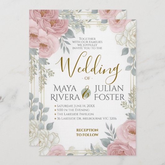 Gold Script Blush Pink Dusty Blue Floral Wedding Kaart (Voorkant / Achterkant)