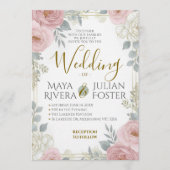 Gold Script Blush Pink Dusty Blue Floral Wedding Kaart (Voorkant)