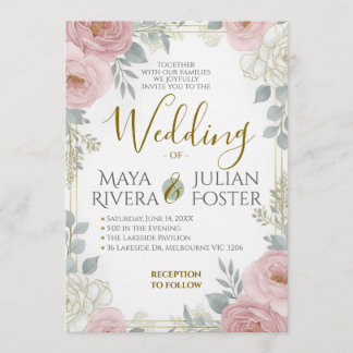 Gold Script Blush Pink Dusty Blue Floral Wedding Kaart