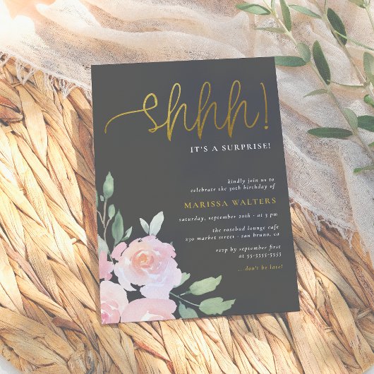 Gold Script Blush Pink & Grey Surprise Party Kaart