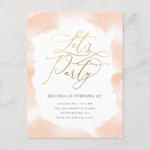 Gold Script Blush Pink Waterverf Birthday Party Uitnodiging Briefkaart