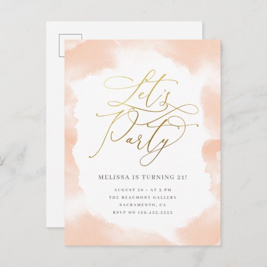 Gold Script Blush Pink Waterverf Birthday Party Uitnodiging Briefkaart (Voorkant / Achterkant)
