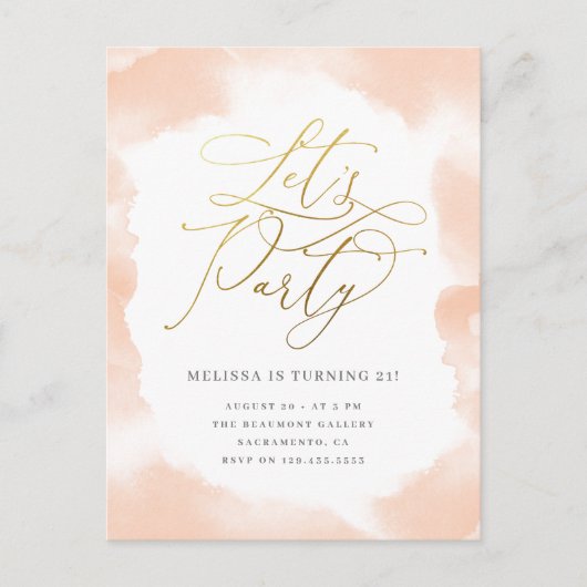 Gold Script Blush Pink Waterverf Birthday Party Uitnodiging Briefkaart (Voorkant)