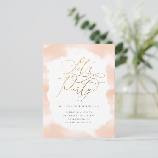 Gold Script Blush Pink Waterverf Birthday Party Uitnodiging Briefkaart (Staand voorkant)