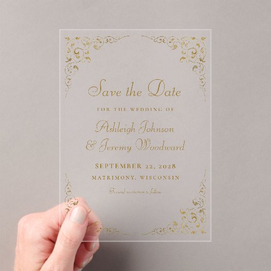 Gold Script Botanical Lijst Save the Date Acryl Uitnodigingen (Insitu (Draagbaar))