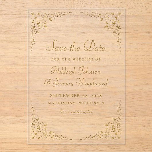 Gold Script Botanical Lijst Save the Date Acryl Uitnodigingen (Voorkant)