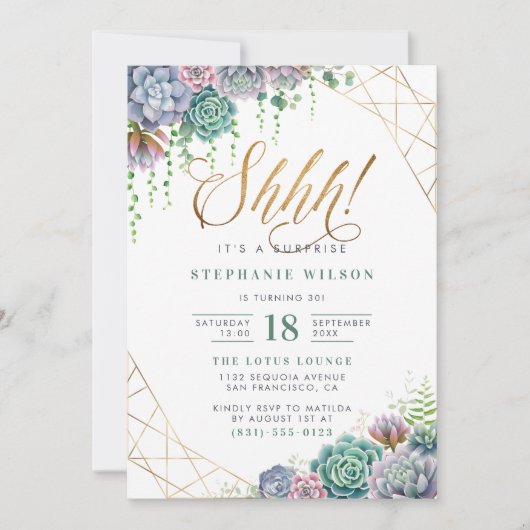 Gold Script Botanical Surprise Birthday Party Kaart (Voorkant)