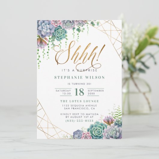 Gold Script Botanical Surprise Birthday Party Kaart (Staand voorkant)