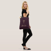 Gold Script Bugundy Leather Look Bible Study Tote Bag (Op model)