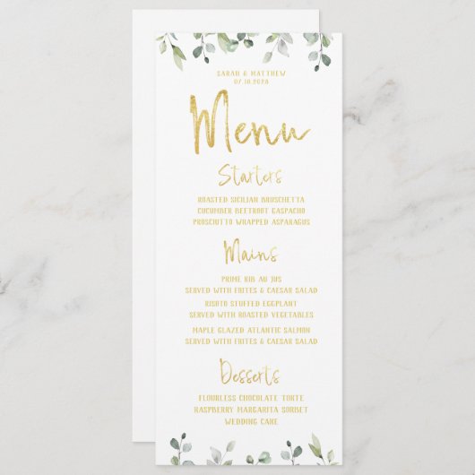 Gold Script Calligraphy Classic Wedding Dinner Menu (Voorkant / Achterkant)