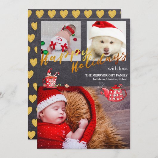 Gold Script Chalkboard Kerstelf Holidage Foto Feestdagenkaart (Voorkant / Achterkant)