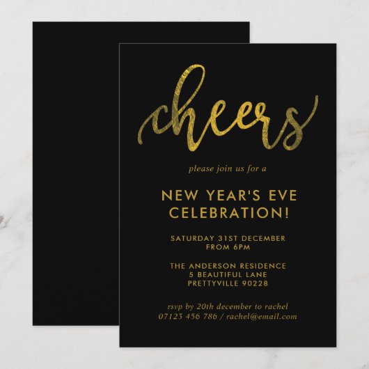 Gold Script Cheers Uitnodiging Eve-partij nieuwjaa (Voorkant / Achterkant)