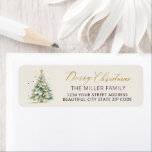 Gold Script Christmas Tree Return-adreslabel Etiket<br><div class="desc">Elegante,  moderne gouden script Waterverf kerstboom kerstboom familie terug adres labels. Met een  handgeschreven script Kalligrafie met gezegde "vrolijk kerstfeest" op crème witte of beige achtergrond. Geweldig voor de kerstvakantie,  gemakkelijk te personaliseren met uw namen en retour adres info.</div>