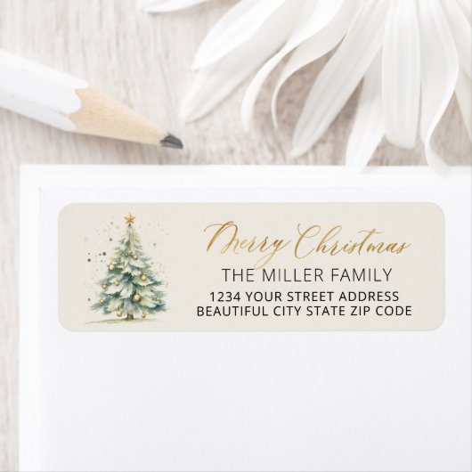 Gold Script Christmas Tree Return-adreslabel Etiket (Insitu)