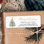 Gold Script Christmas Tree Return-adreslabel Etiket<br><div class="desc">Elegante,  moderne gouden script Waterverf kerstboom kerstboom familie terug adres labels. Met een  handgeschreven script Kalligrafie met gezegde "vrolijk kerstfeest". Geweldig voor de kerstvakantie,  gemakkelijk te personaliseren met uw namen en retour adres info.</div>