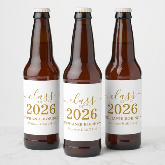 Gold Script Class of 2026 Graduation Party Bier Etiket (Flessen)