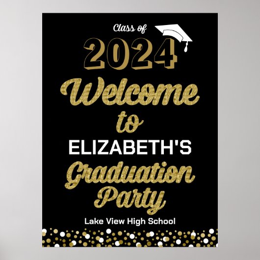 Gold Script Confetti Afstudeerder Party Black Welc Poster (Voorkant)