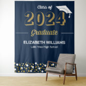 Gold Script Confetti Afstudeerder Party Blue Backd Wandkleed (In situ)