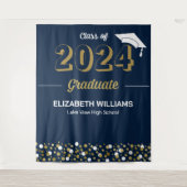 Gold Script Confetti Afstudeerder Party Blue Backd Wandkleed (Voorkant)