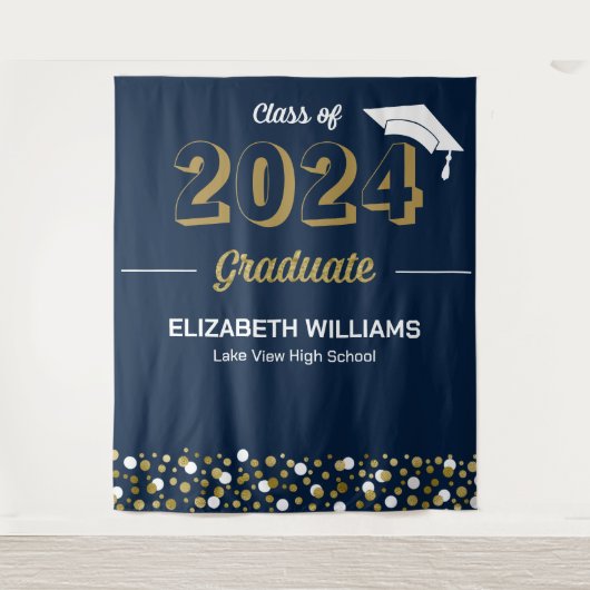 Gold Script Confetti Afstudeerder Party Blue Backd Wandkleed (Voorkant)