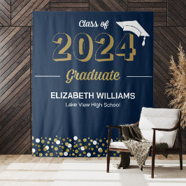 Gold Script Confetti Afstudeerder Party Blue Backd Wandkleed