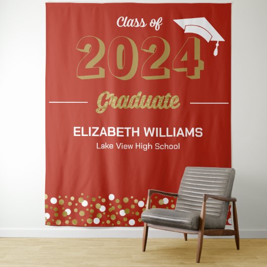 Gold Script Confetti Afstudeerder Party Red Backdr Wandkleed (In situ)