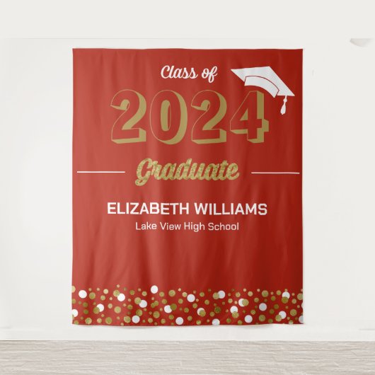 Gold Script Confetti Afstudeerder Party Red Backdr Wandkleed (Voorkant)