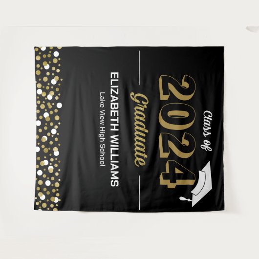 Gold Script Confetti Afstudeerder Party zwarte ach Wandkleed (Voorkant (horizontaal))
