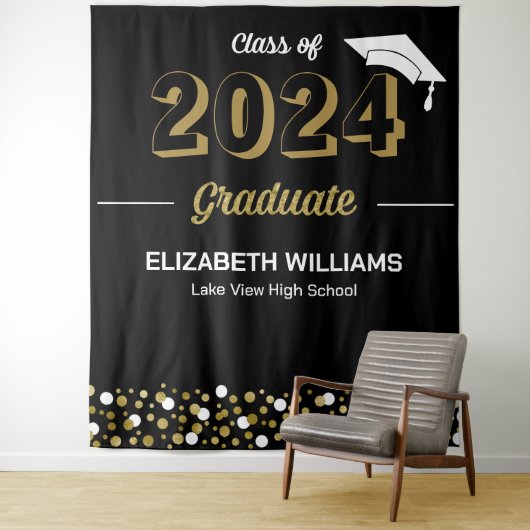 Gold Script Confetti Afstudeerder Party zwarte ach Wandkleed (In situ)