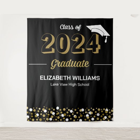 Gold Script Confetti Afstudeerder Party zwarte ach Wandkleed (Voorkant)