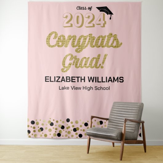 Gold Script Confetti bevat Afstudeerder roze achte Wandkleed (In situ)