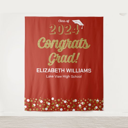 Gold Script Confetti Congrates Afstudeerder Red Ba Wandkleed (Voorkant)