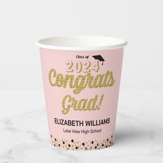 Gold Script Confetti Congrats Afstudeerder Pink Papieren Bekers (Achterkant)