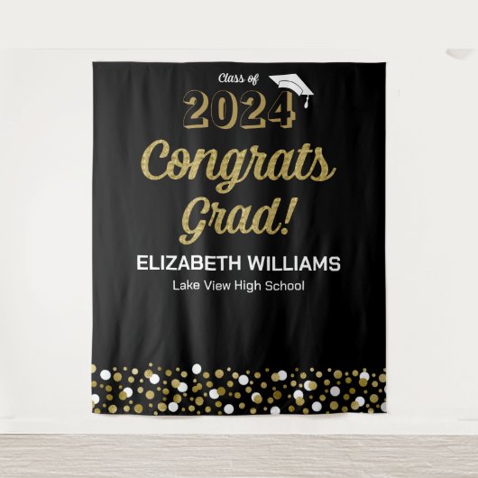 Gold Script Confetti Congring Afstudeerder zwarte Wandkleed (Voorkant)