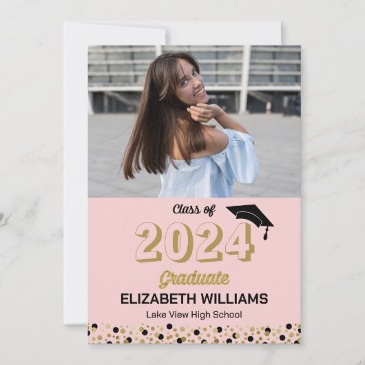Gold Script Confetti Foto roze Afstudeerder aankon Kaart (Voorkant)