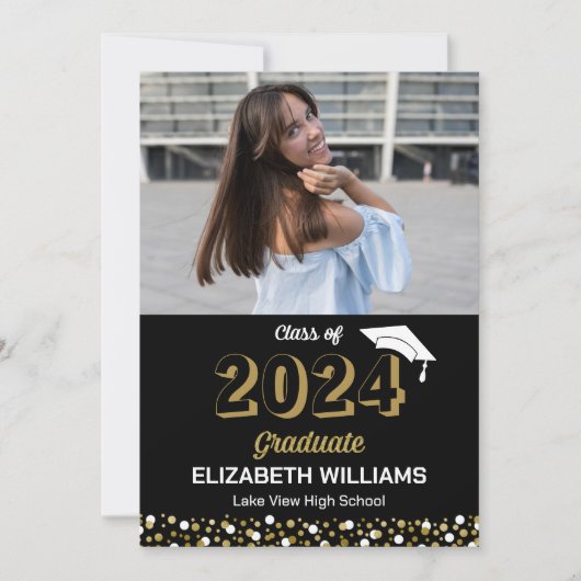 Gold Script Confetti Photo Black Afstudeerder kond Kaart (Voorkant)