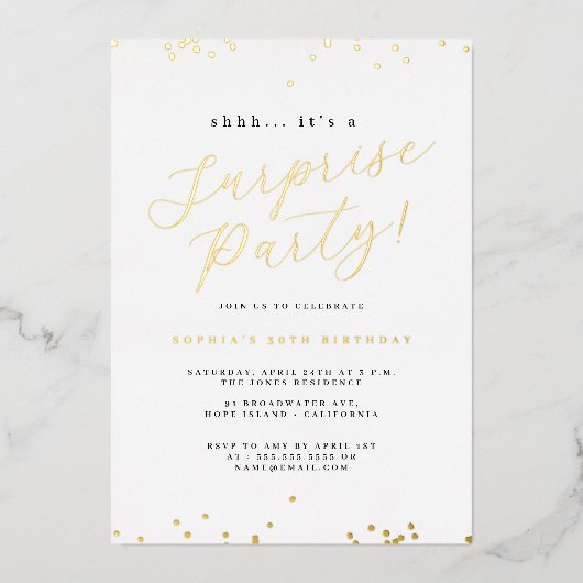 Gold Script Confetti Surprise Party Folie Uitnodiging (Voorkant)