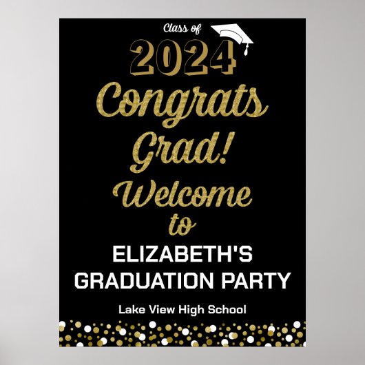 Gold Script Congrates Afstudeerder Black Welkomstt Poster (Voorkant)