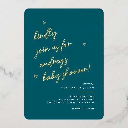 Gold Script | Donker Blauwgroen geslachtsneutraal Folie Uitnodiging (Voorkant)