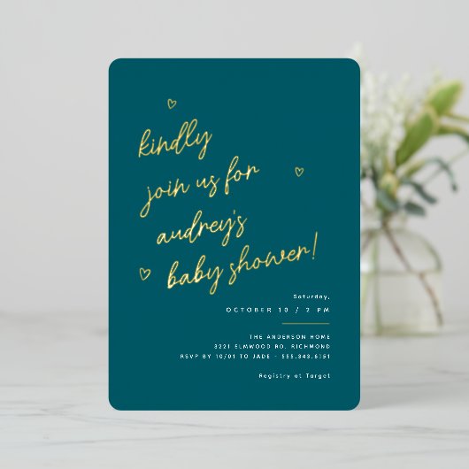 Gold Script | Donker Blauwgroen geslachtsneutraal Folie Uitnodiging (Staand Voorkant)