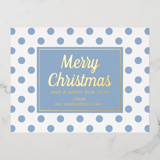 Gold Script Dusty Blue Polka Dots Merry kerst Folie Feestdagen Briefkaart (Voorkant)