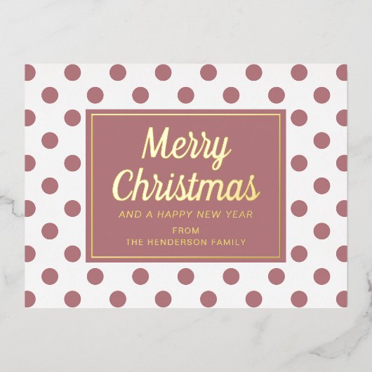 Gold Script Dusty Pink Polka Dots Merry kerst Folie Feestdagen Briefkaart (Voorkant)