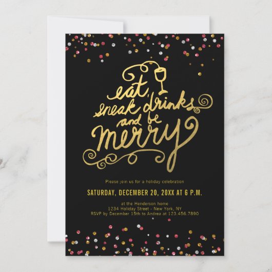 Gold Script Eet Drink Vrolijk Confetti Holiday Par Kaart (Voorkant)