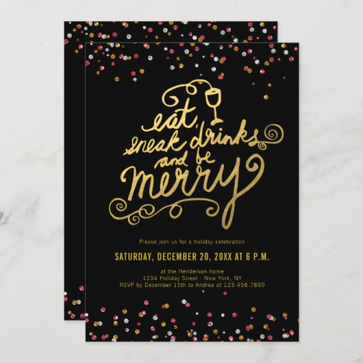 Gold Script Eet Drink Vrolijk Confetti Holiday Par Kaart (Voorkant / Achterkant)