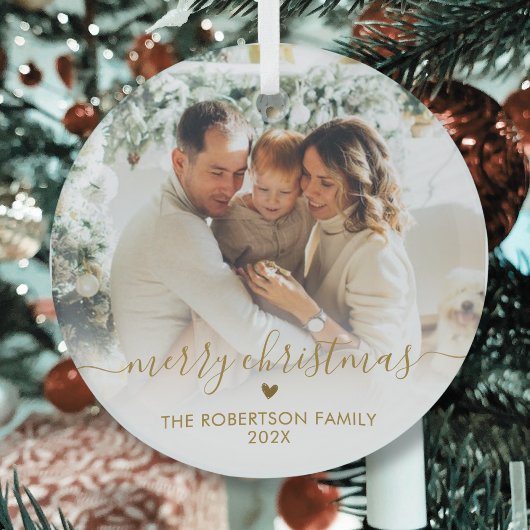Gold Script Elegant Family Photo Merry Christmas Glas Ornament