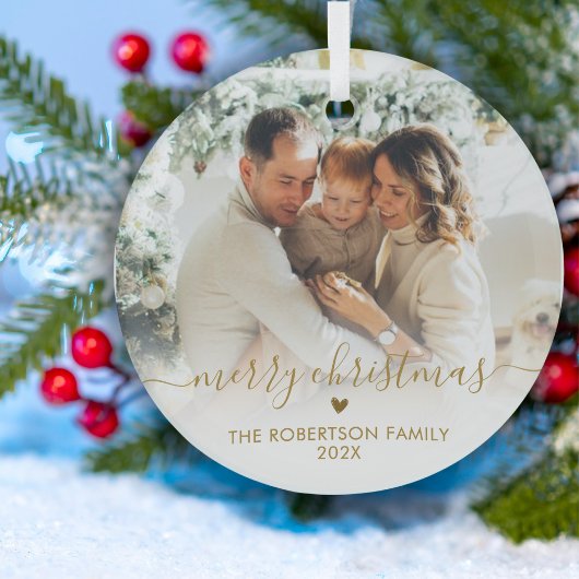 Gold Script Elegant Family Photo Merry Christmas   Glas Ornament